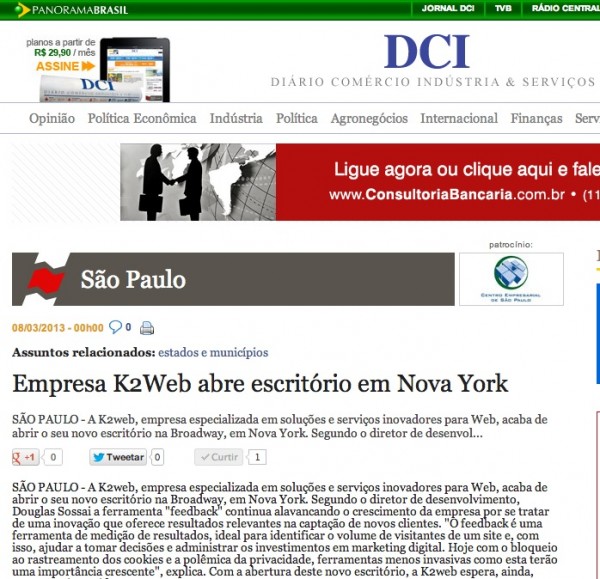 DCI publica matéria sobre a expansão da K2web nos EUA